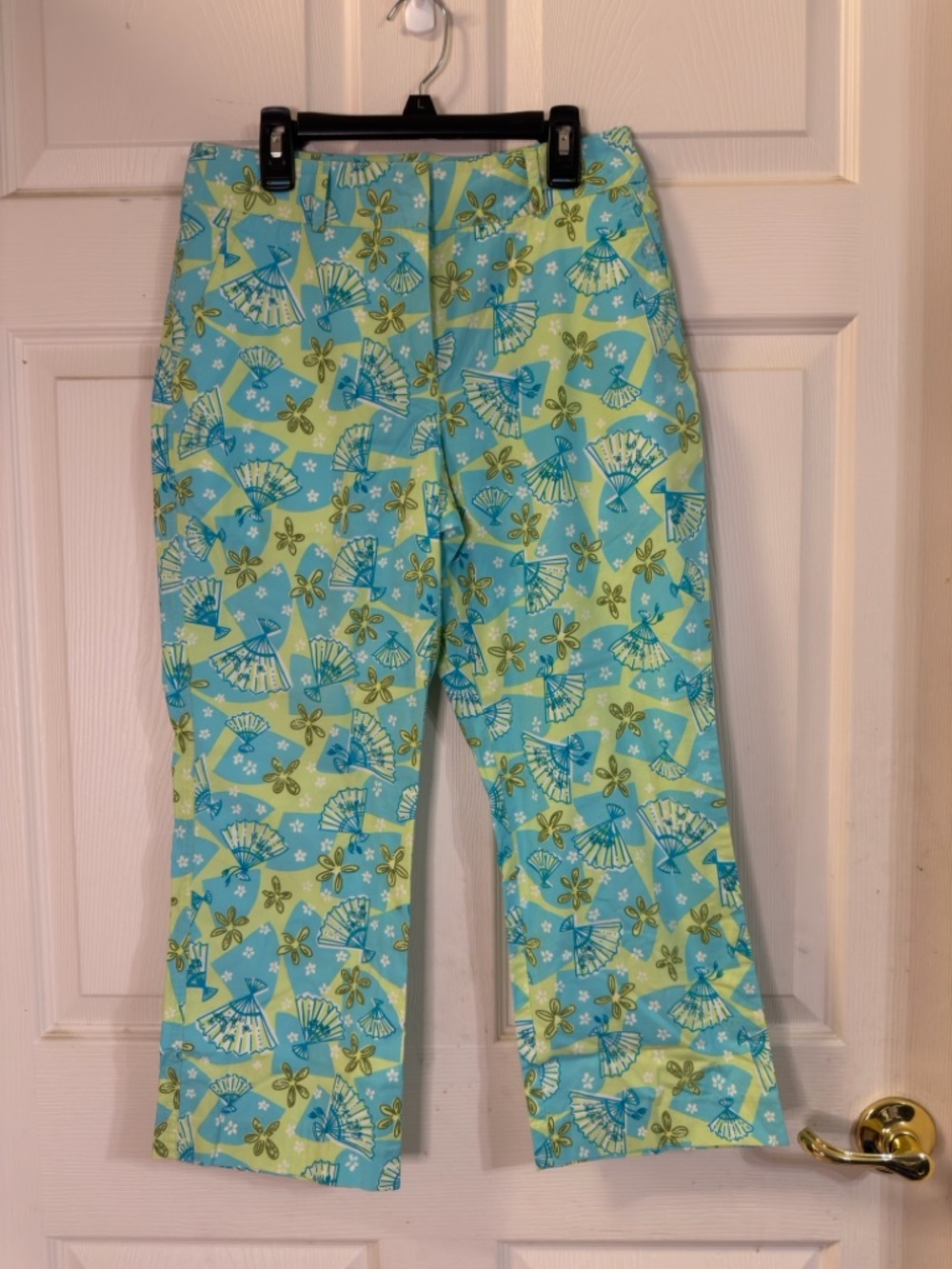 Vintage Lilly Pulitzer Pants Women’s Capri Blue Fan Japanese Lightweight Sz4 EUC